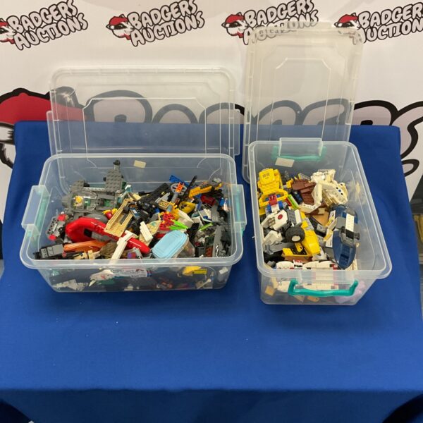 Mixed Lego lots in plastic storage boxes.