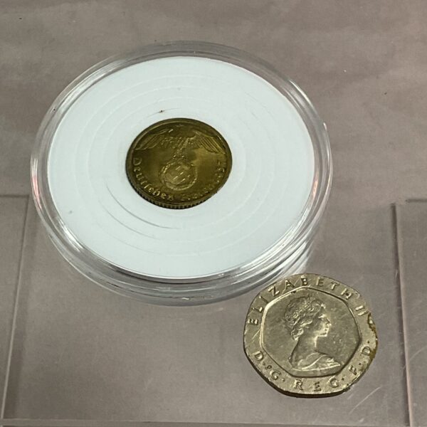 1937 German 5 Reichspfennig coin displayed in a protective holder.