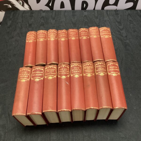 Vintage set of Charles Dickens books in leather bindings.
