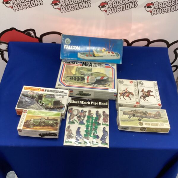 Vintage Airfix, Falcon, and Emhar model kits in original boxes.