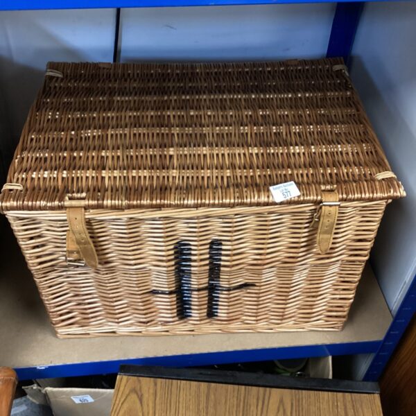 Vintage wicker basket in Harrods style, ideal for storage.