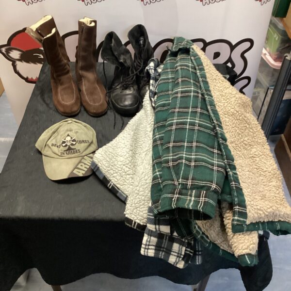 Fleece jackets and boots lot including Magnum boots size 8.