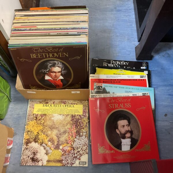 Stack of vintage classical vinyl records for collectors.