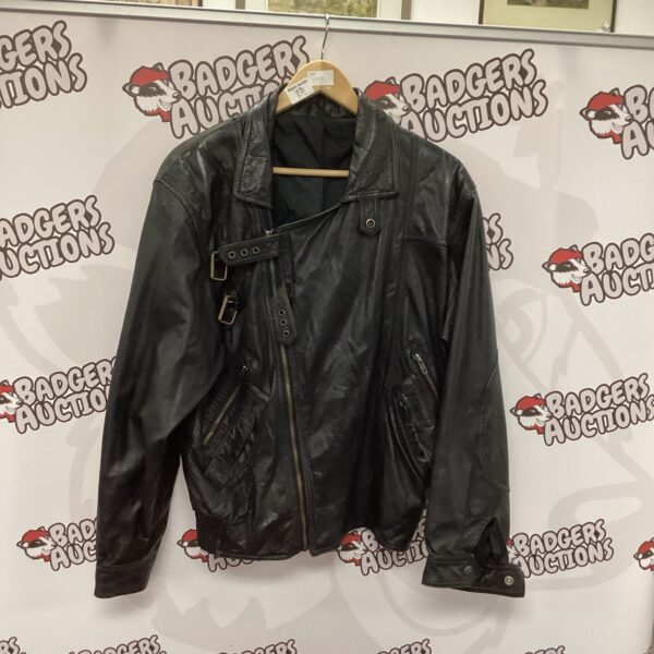 Black leather motorcycle jacket, vintage biker style.