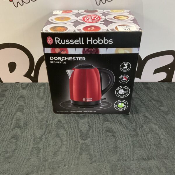 Red Russell Hobbs Dorchester kettle for auction, kitchen appliance.