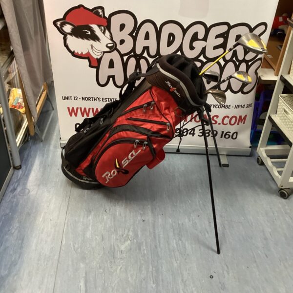 Taylormade golf stand bag with clubs on display.
