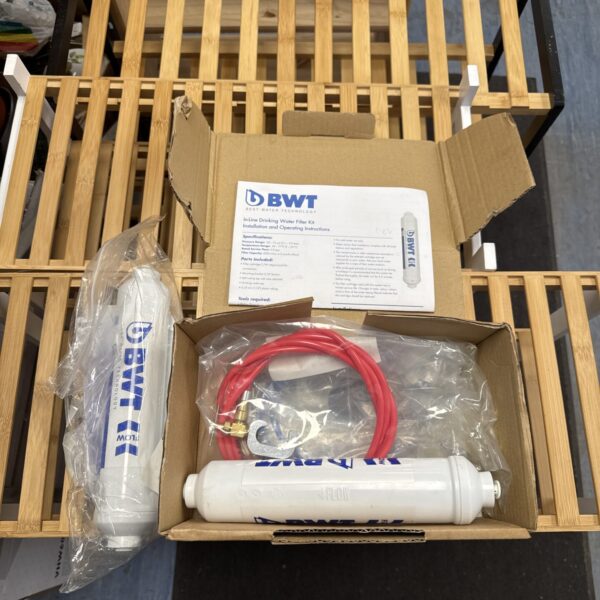 Bwt inline water filter kit with fittings and housing.