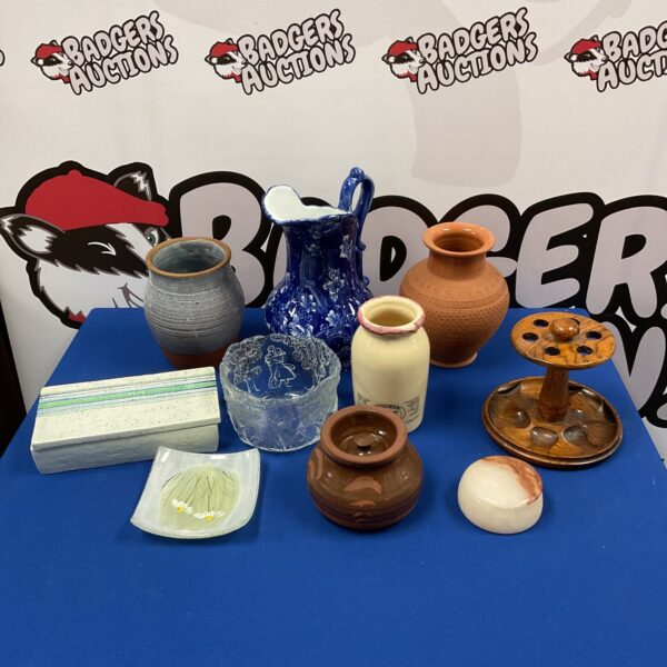 Mixed pottery and trinket lot with blue and white pitcher.