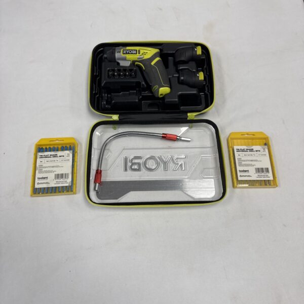 Ryobi cordless screwdriver set with drill bits for DIY projects.