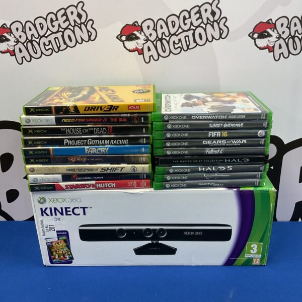 Xbox 360 game bundle with Kinect camera for motion gaming.