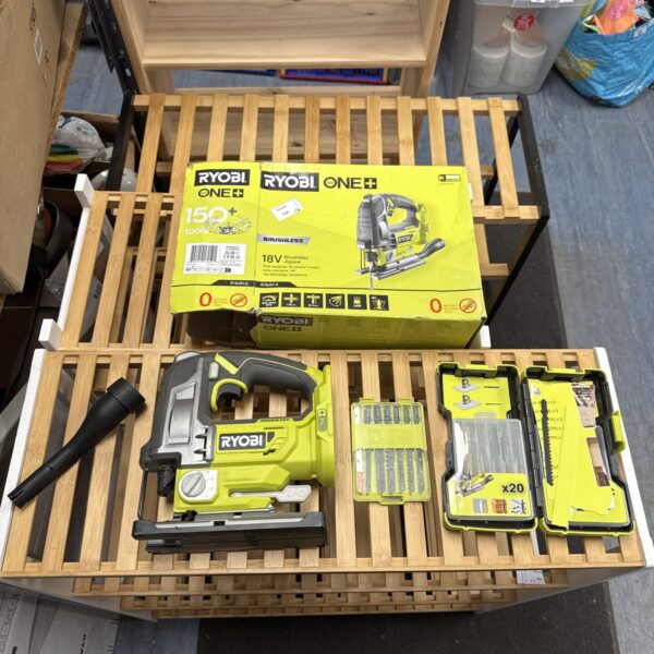 Ryobi One+ cordless jigsaw with blades, a versatile DIY power tool.