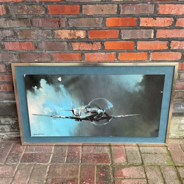 Vintage Barrie A F Clark Spitfire print, aviation art collectible.