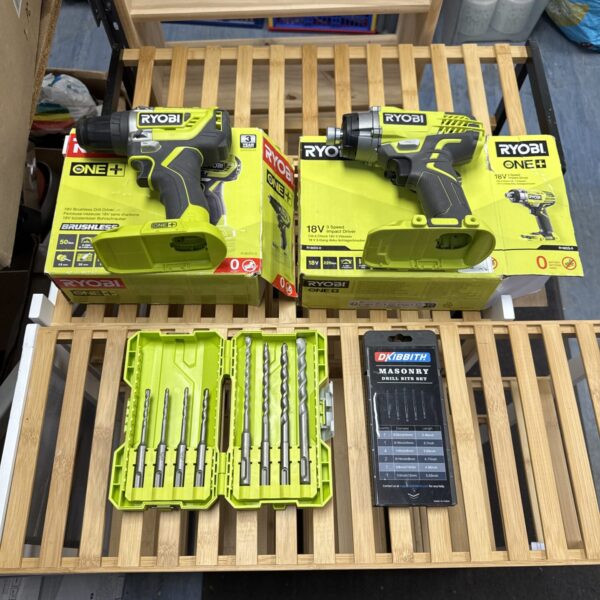 Ryobi One+ drill driver and impact driver set with drill bits.