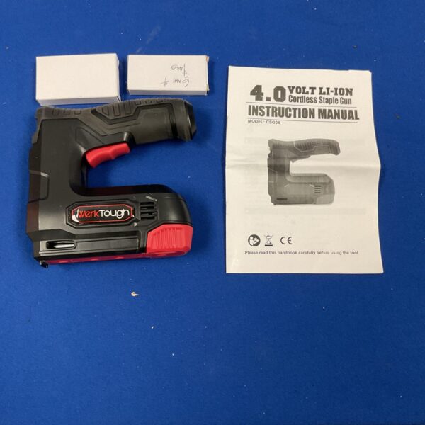 WerkTough cordless staple gun for DIY and home improvement projects.