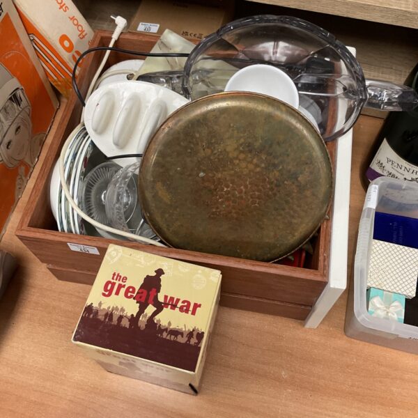Mixed lot featuring brass plate and The Great War DVD set.