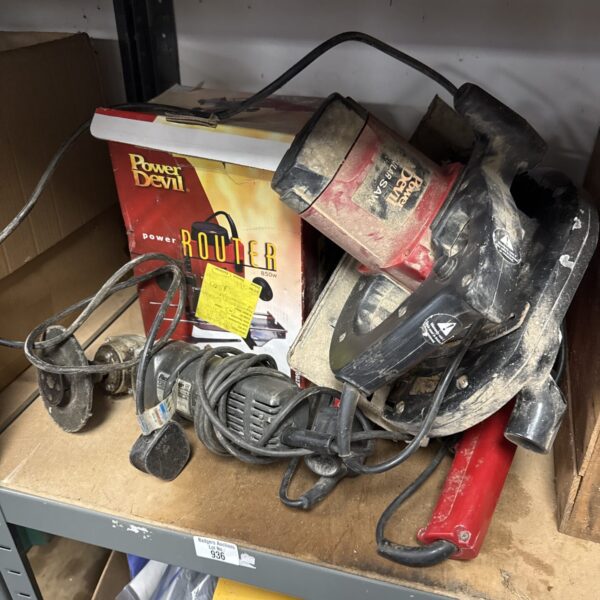 Assorted power tools including a Power Devil router in a job lot.