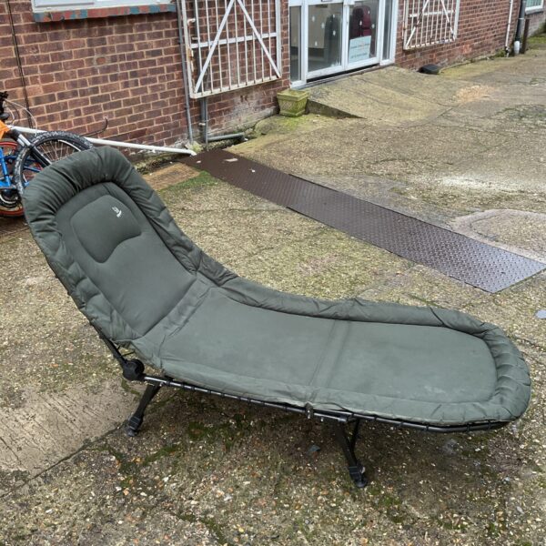 Used Fox Voyager fishing bed chair, ideal for comfortable angling sessions.