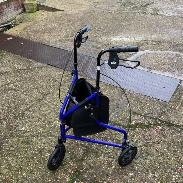 Blue Days mobility walker with basket and seat.