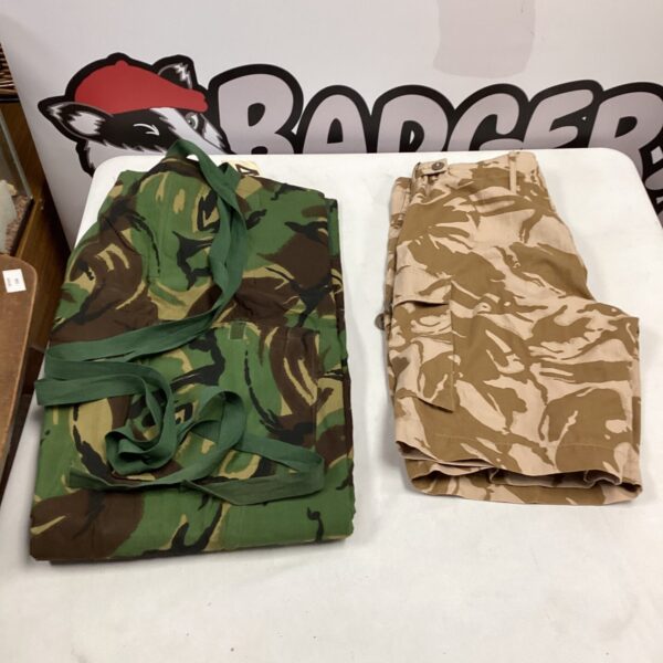 British Army NBC trousers and desert shorts in camouflage pattern.