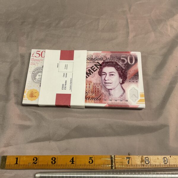Bundles of film prop £50 notes for movie or stage use.