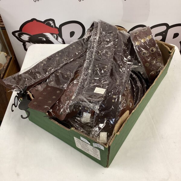 New brown leather belts in a bulk lot, fashion accessories.