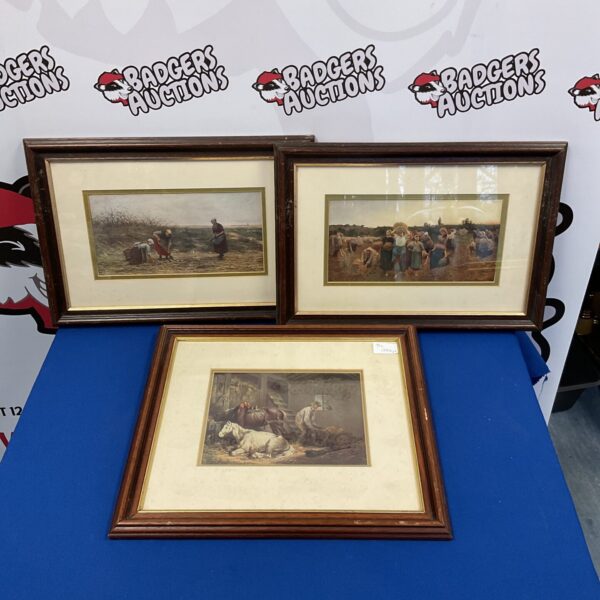 Set of three vintage farm scene prints in frames.