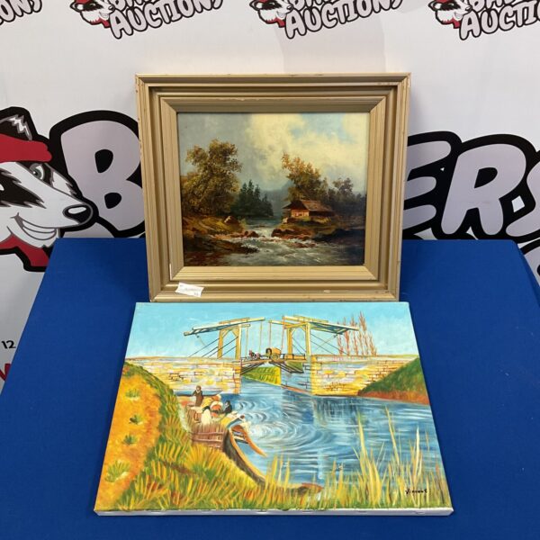 Vintage oil painting of a charming river cottage landscape.