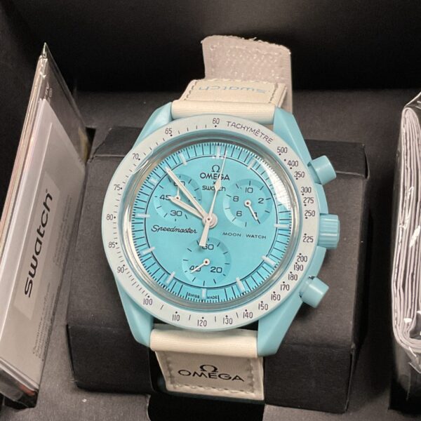 Front view of the Omega Swatch MoonSwatch Mission to Uranus bioceramic watch.
