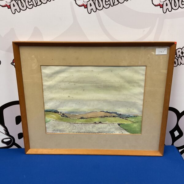 Signed 1970s watercolour painting of rolling hills landscape.