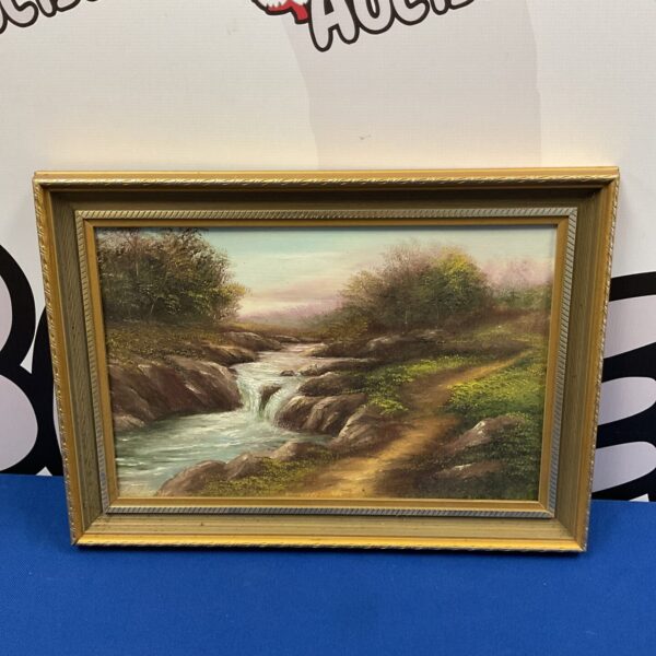 Vintage highland river oil painting by F Maskens, Scottish landscape art.