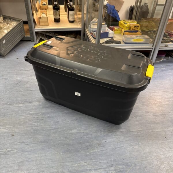 Large wheeled storage box with lid, ideal for home storage.