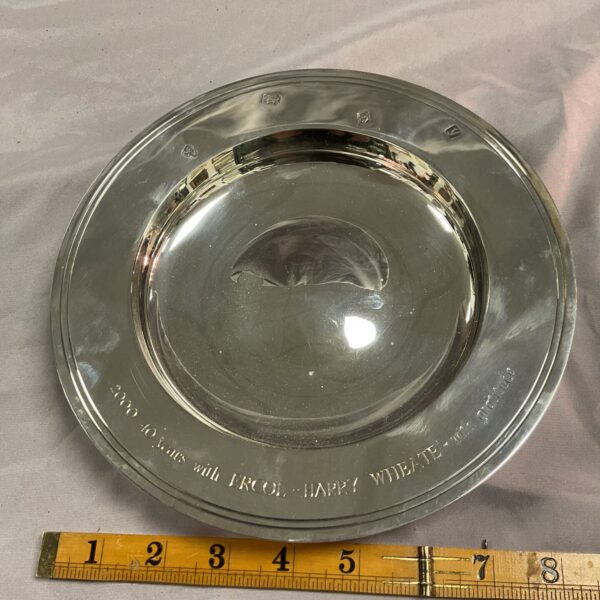 Hallmarked sterling silver Ercol retirement dish, model 487.6g.