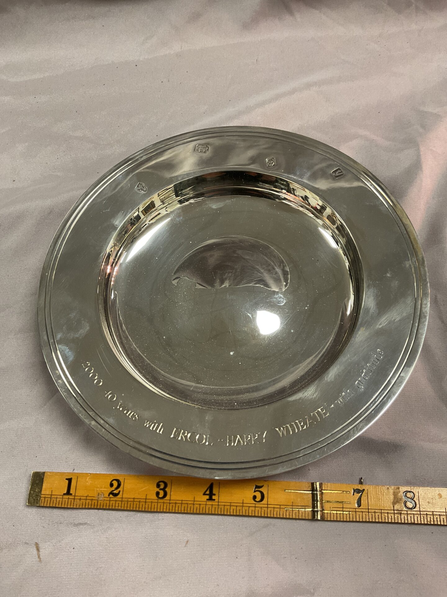 868 Hallmarked Sterling silver 40 years with Ercol retirement dish 487.6g