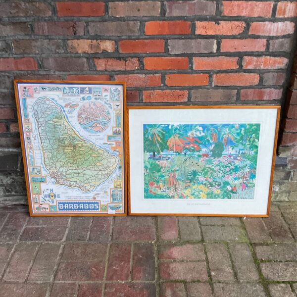 Framed vintage Barbados map print with Isle of Enchantment artwork.
