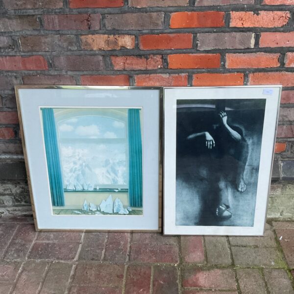 Surrealist print inspired by Rene Magritte’s Domain of Arnheim landscape.