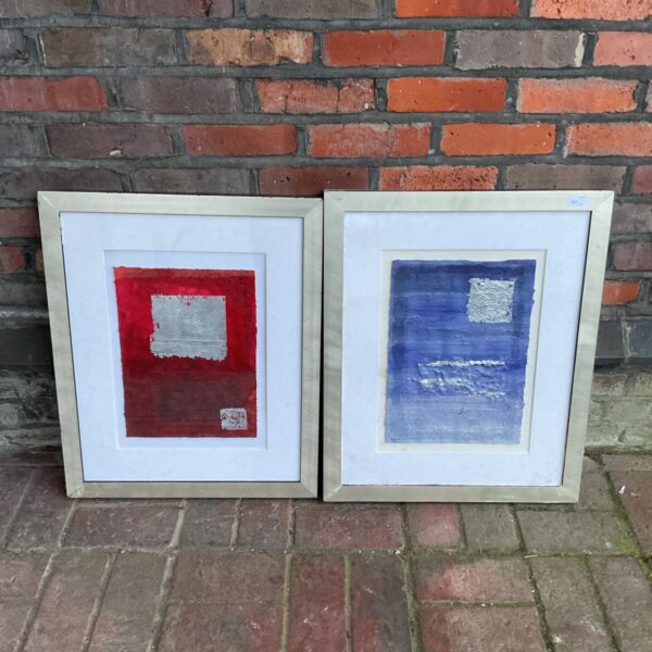 Bold red and white abstract artwork by Tamazin, framed and ready to display.