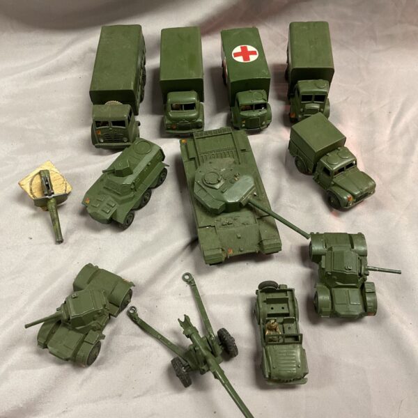 Vintage Dinky Toys military diecast vehicle lot, collectible toy cars.