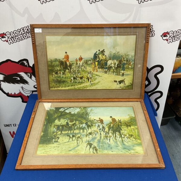 Vintage pair of Geoff Wright hunting prints with hounds and horses.
