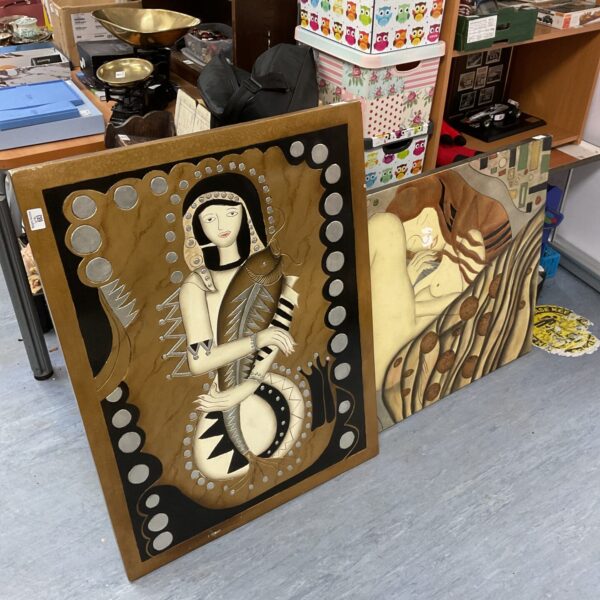 Vintage panel artwork depicting a lady in folk art style.