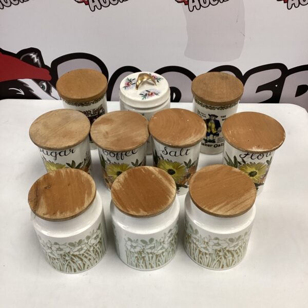Vintage Hornsea pottery jars with a floral pattern for kitchen storage.