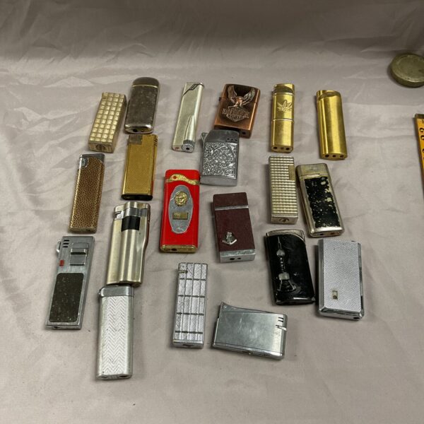 Vintage lighters collection featuring metal and trench styles.