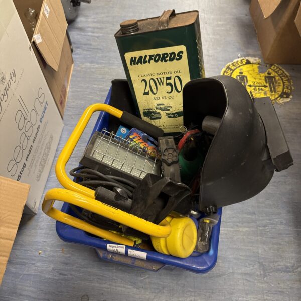 Shed clearance lot with welders mask, oil can and various tools.
