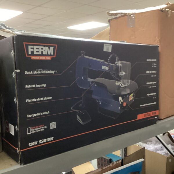 Ferm SSM120 scroll saw in original box, woodworking power tool.