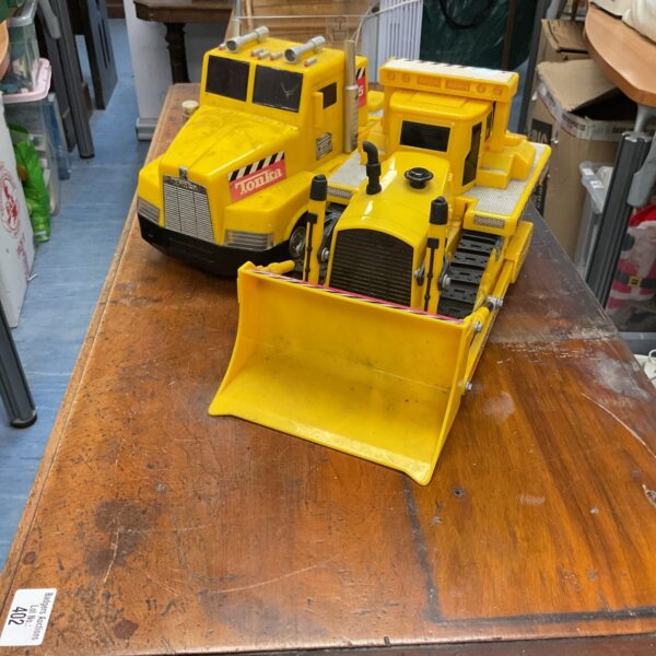 Yellow vintage Tonka truck, a classic diecast construction vehicle.