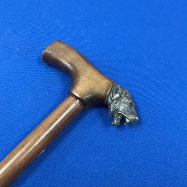 Antique lion head walking stick with detailed carved handle.