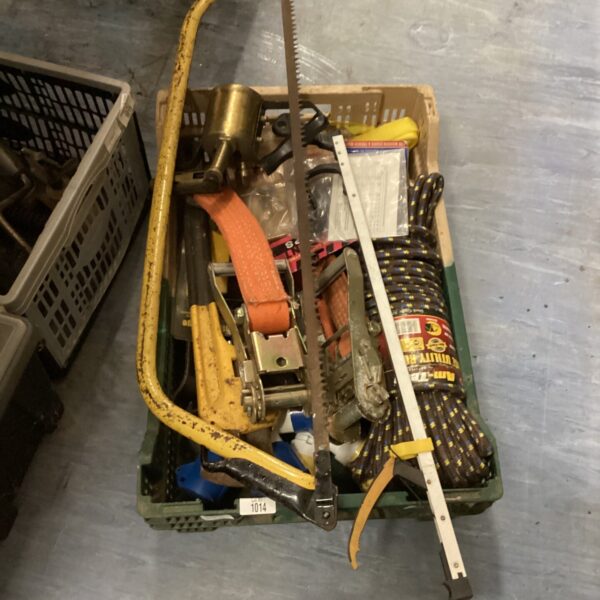 Mixed lot of ratchet straps and tools for garage or garden use.