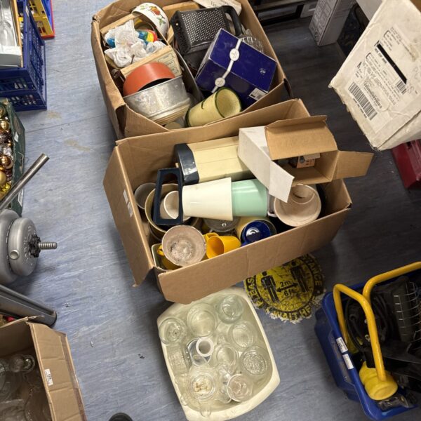 Mixed house clearance lot with various plant pots and household items.