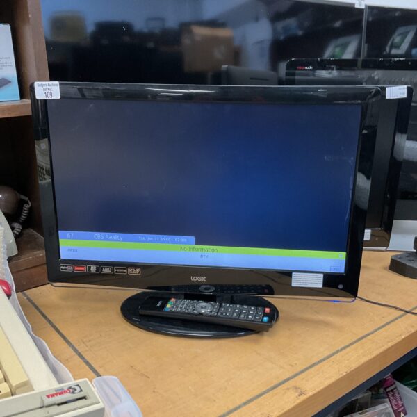 Logik 22 inch TV with built-in DVD player, front view.
