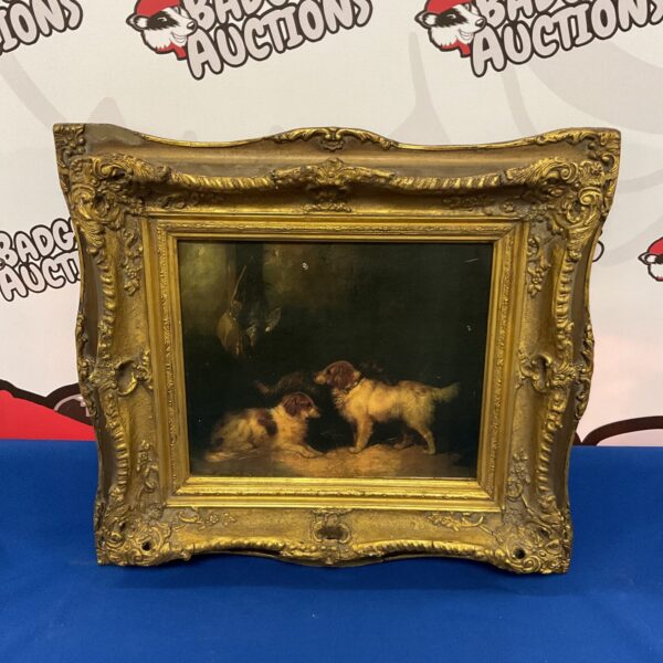 Vintage gilt framed print of dogs and pheasants in a hunting scene.
