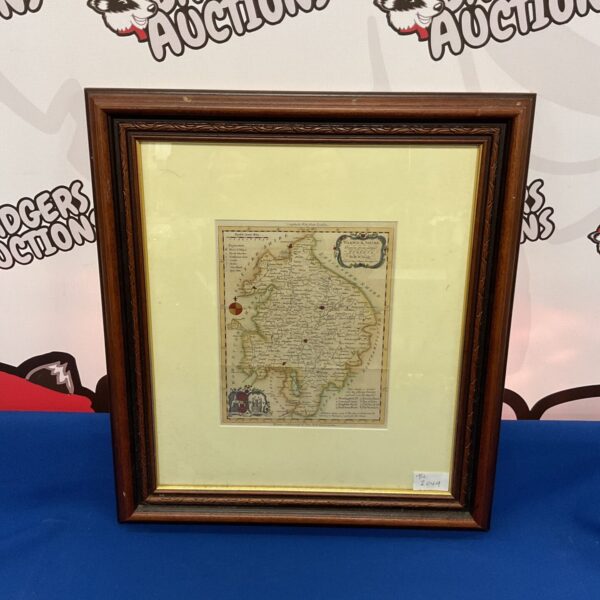 Framed antique map of Warwickshire, detailed county geography.